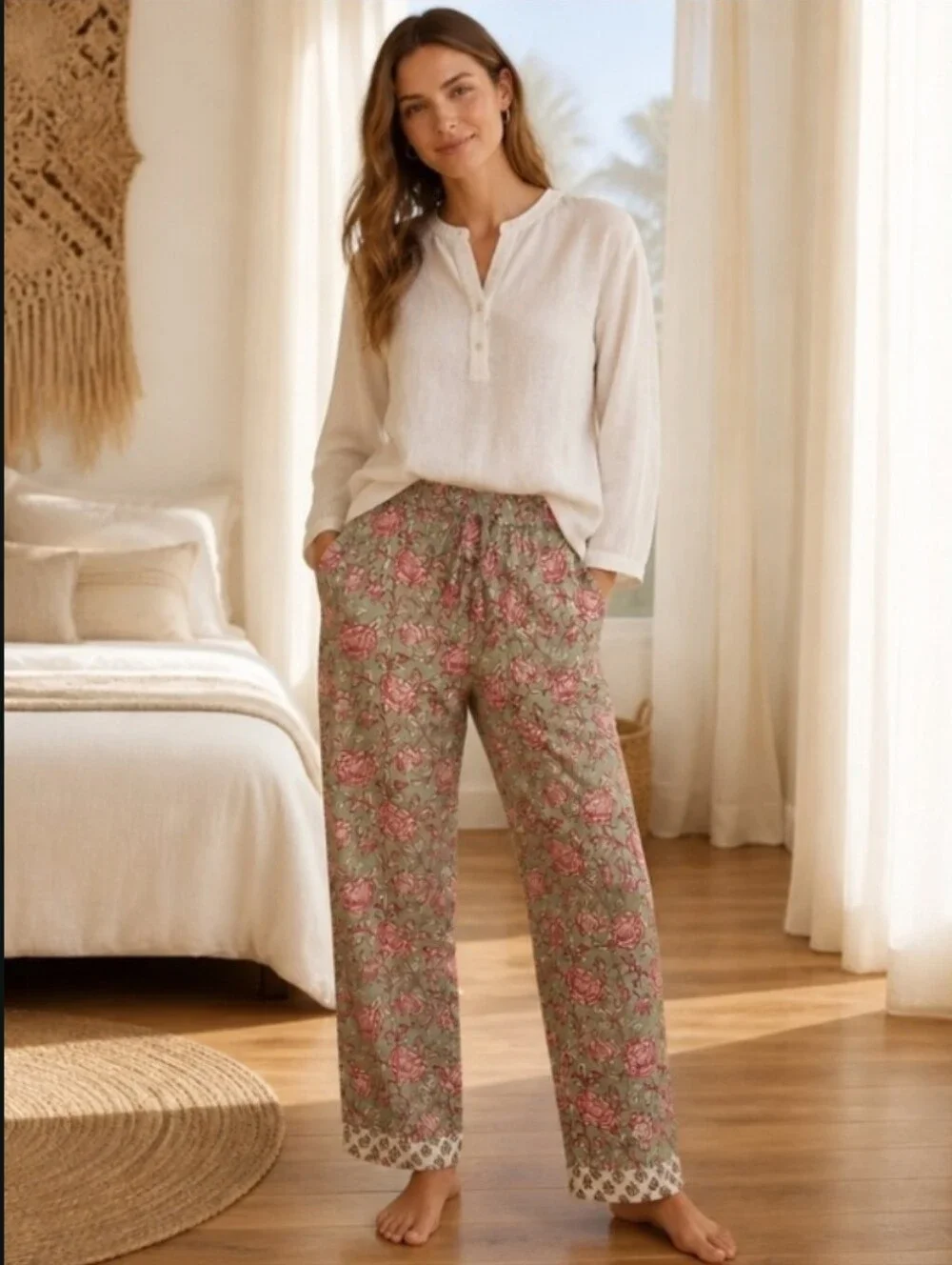 Sundance Olive Green and Pink Floral Cotton Lounge Pants